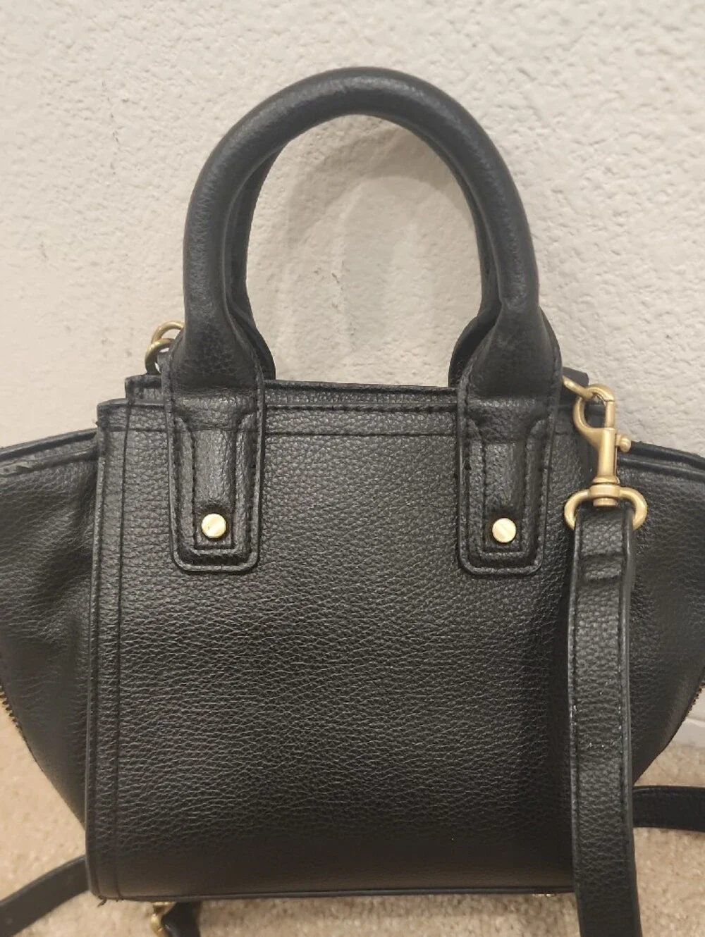 Black Leather Satchel Handbag with Gold Hardware
